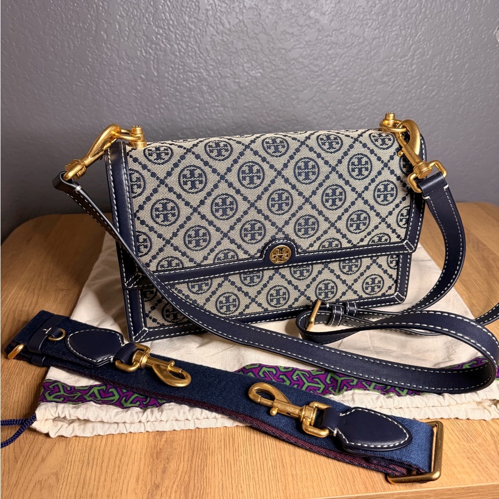 Tory Burch Navy and Cream Logo Jacquard Crossbody with Gold Hardware